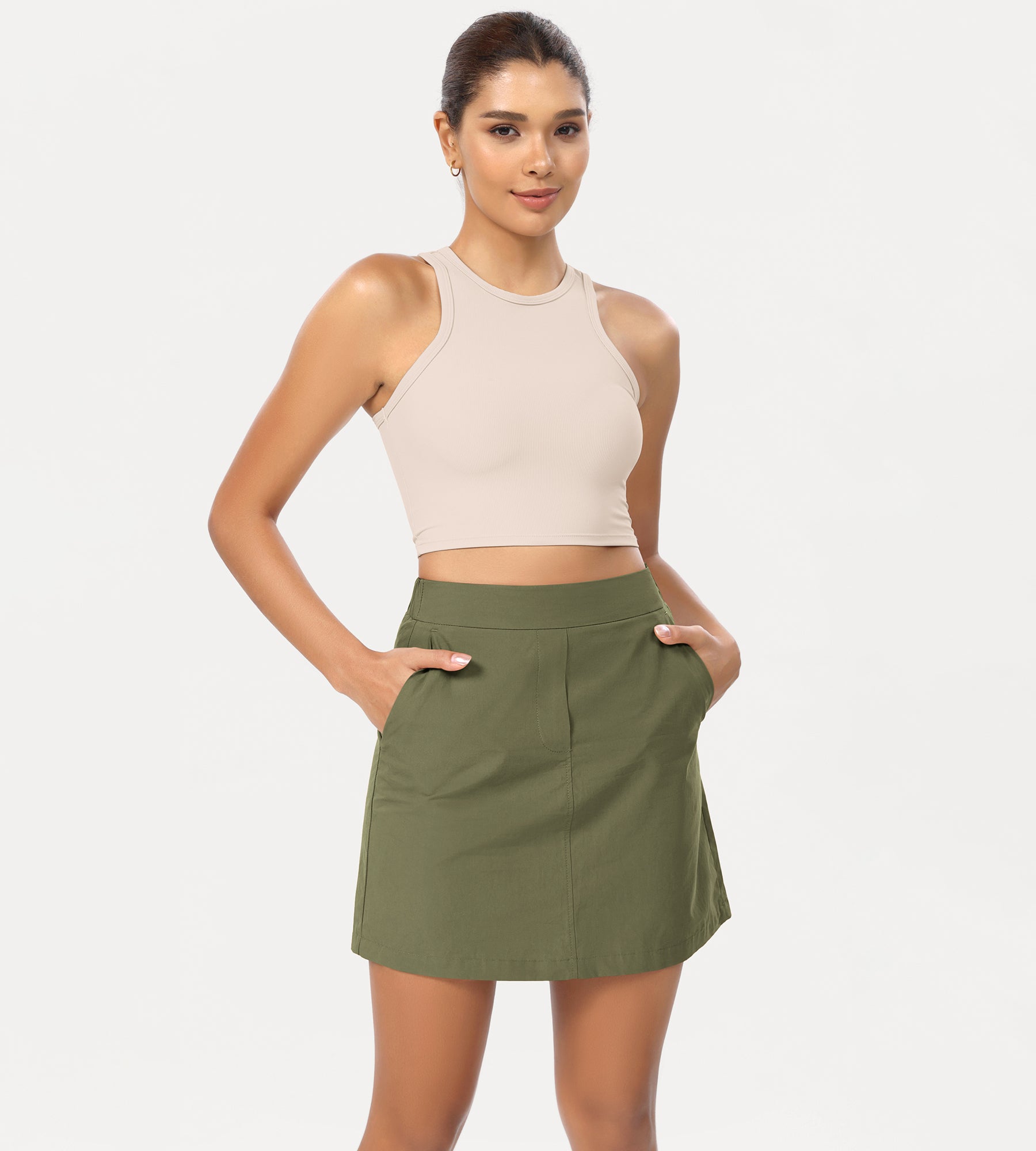 Cotton A-Line Mini Skirts with Pockets Olive Green - ododos