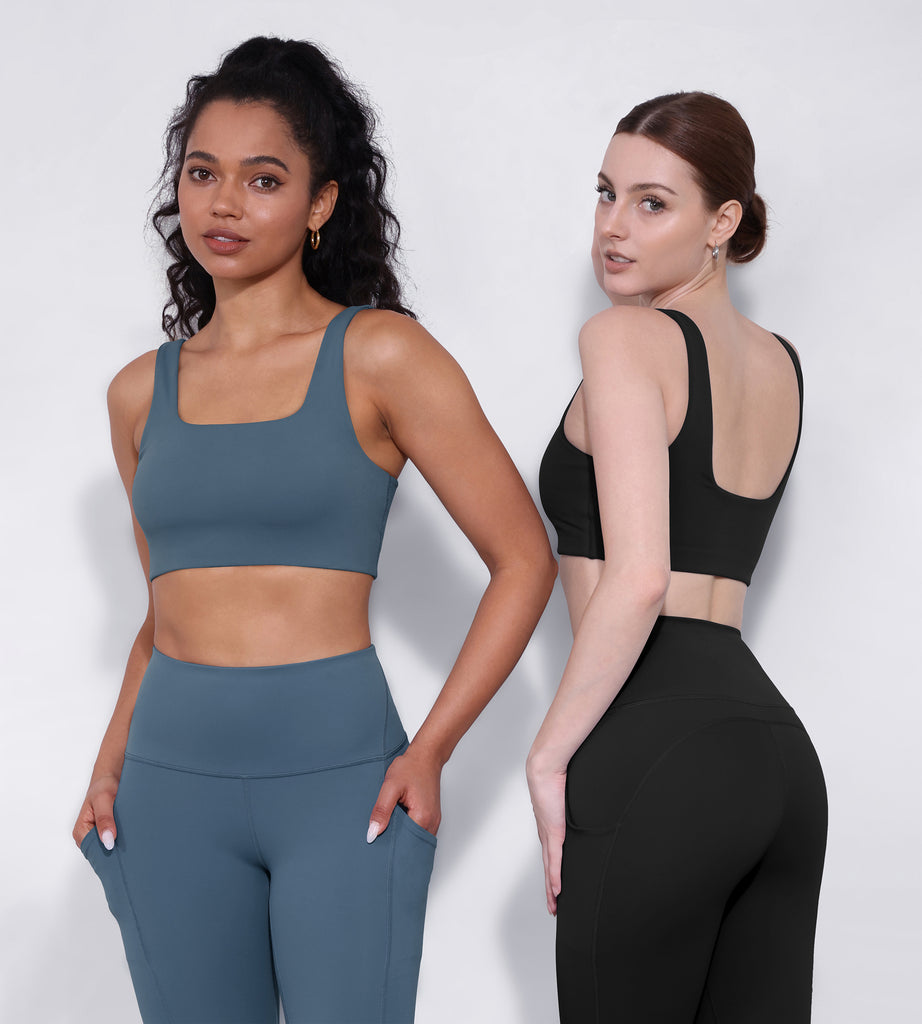 ODODOS 2-Pack Square Neck Sports Bra for Women Wirefree Non Padded