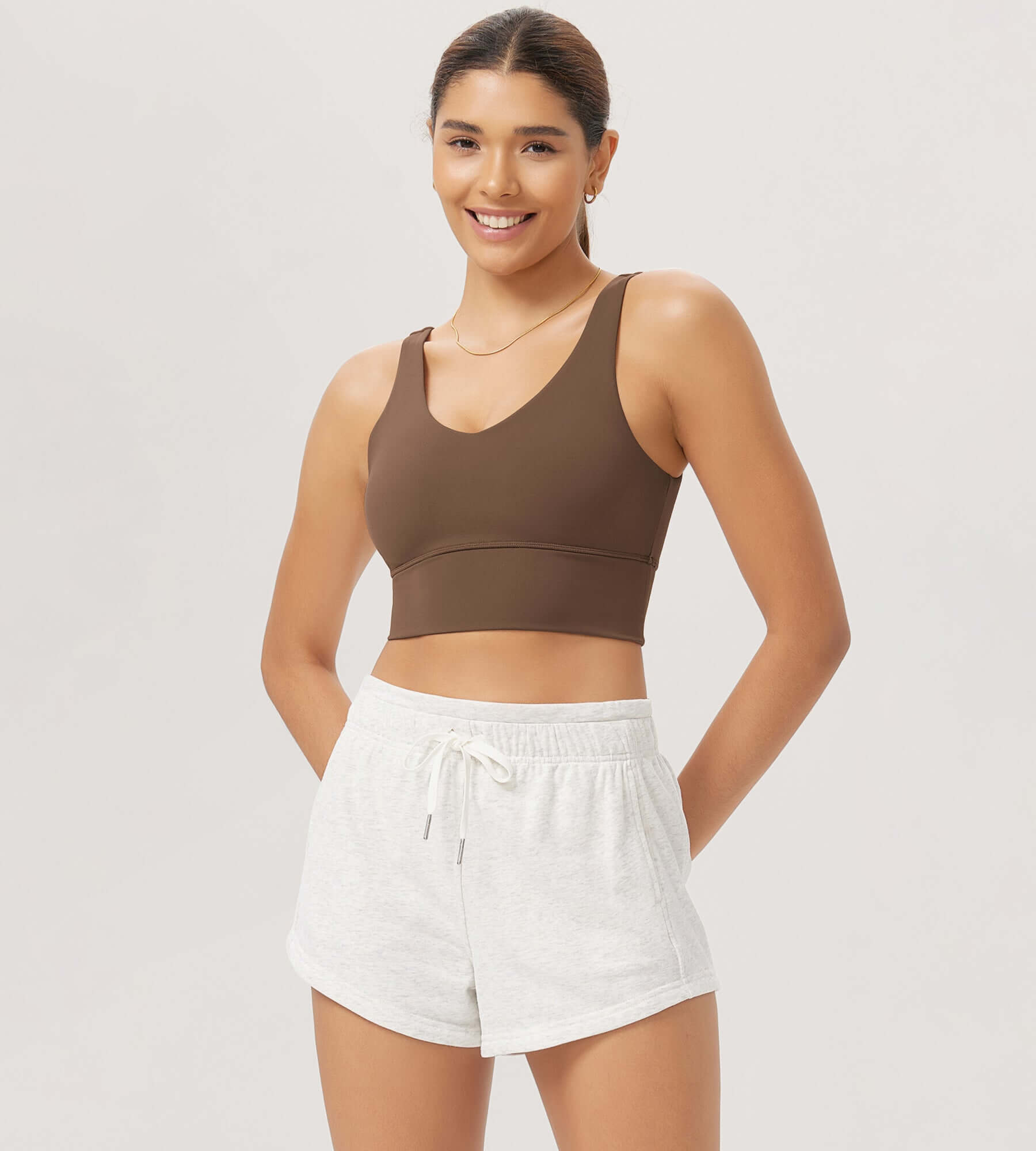 Cloud Feeling V Neck Padded Sports Bra Brunette - ododos