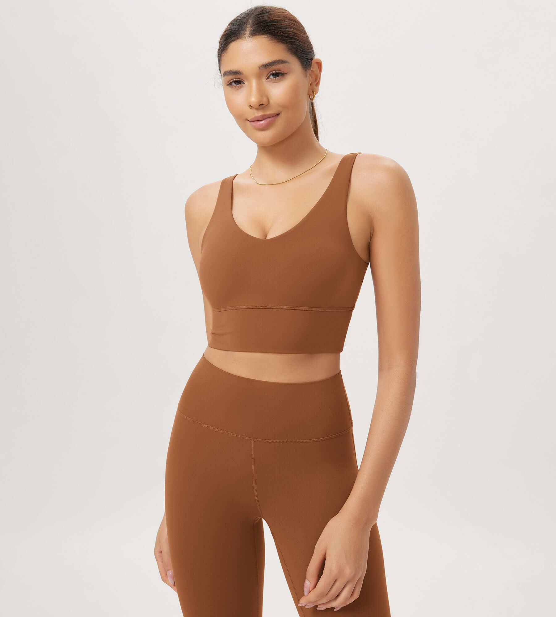 Cloud Feeling V Neck Padded Sports Bra Caramel - ododos