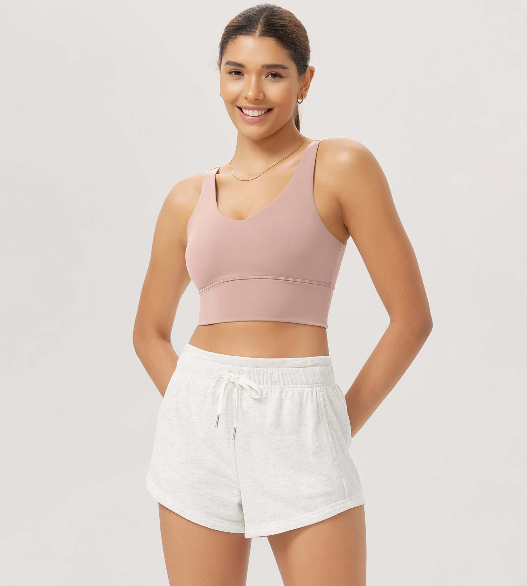 Cloud Feeling V Neck Padded Sports Bra Dusty Pink - ododos