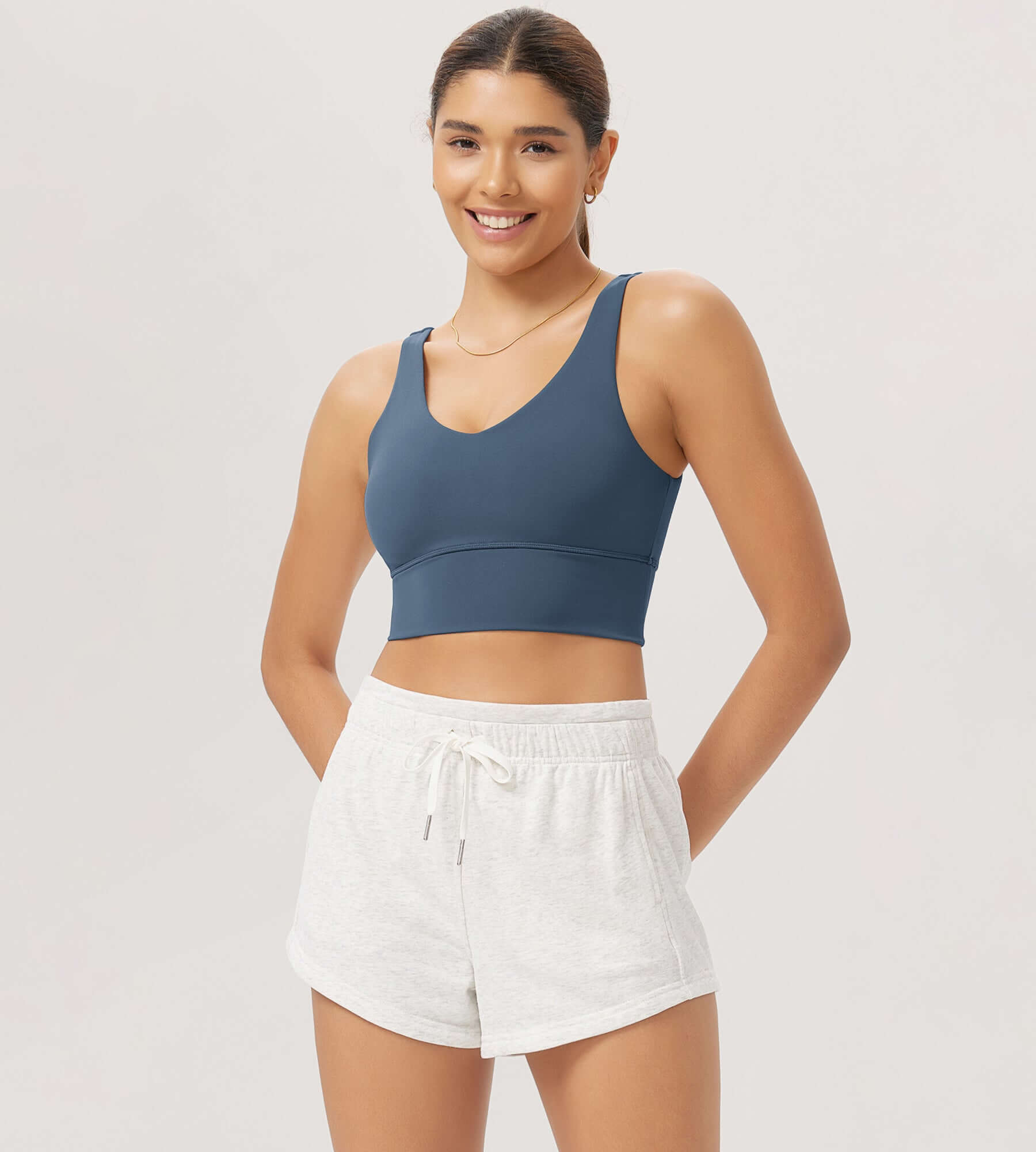 Cloud Feeling V Neck Padded Sports Bra Ink Blue - ododos