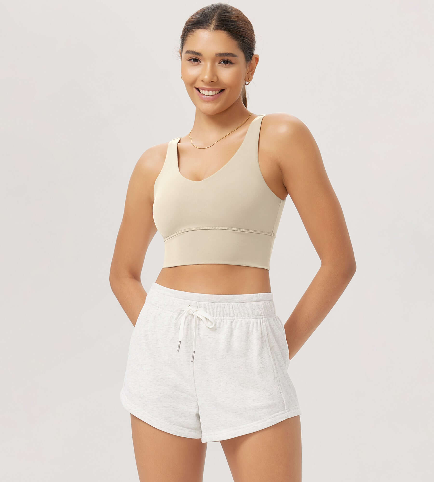 Cloud Feeling V Neck Padded Sports Bra Oat Milk - ododos