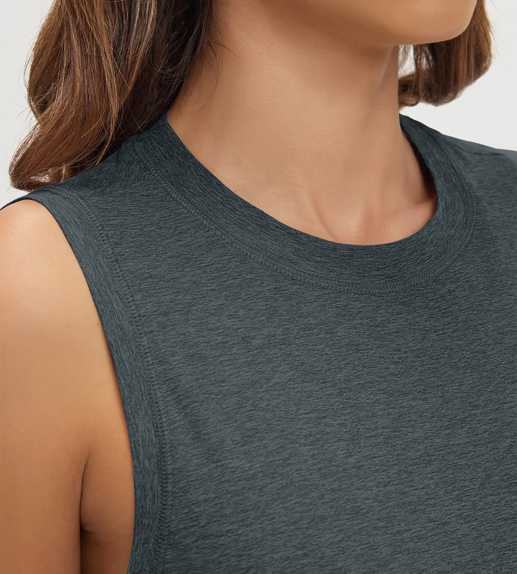 ODODOS Stratum women's performance tank close-up showcasing soft fabric and crew neck design.