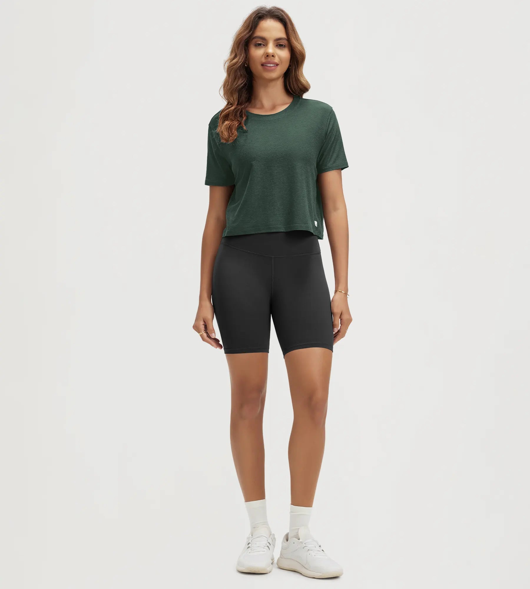 ODODOS Stratum Women's Performance Cropped Tee, soft fabric, workout wear, athletic fit.