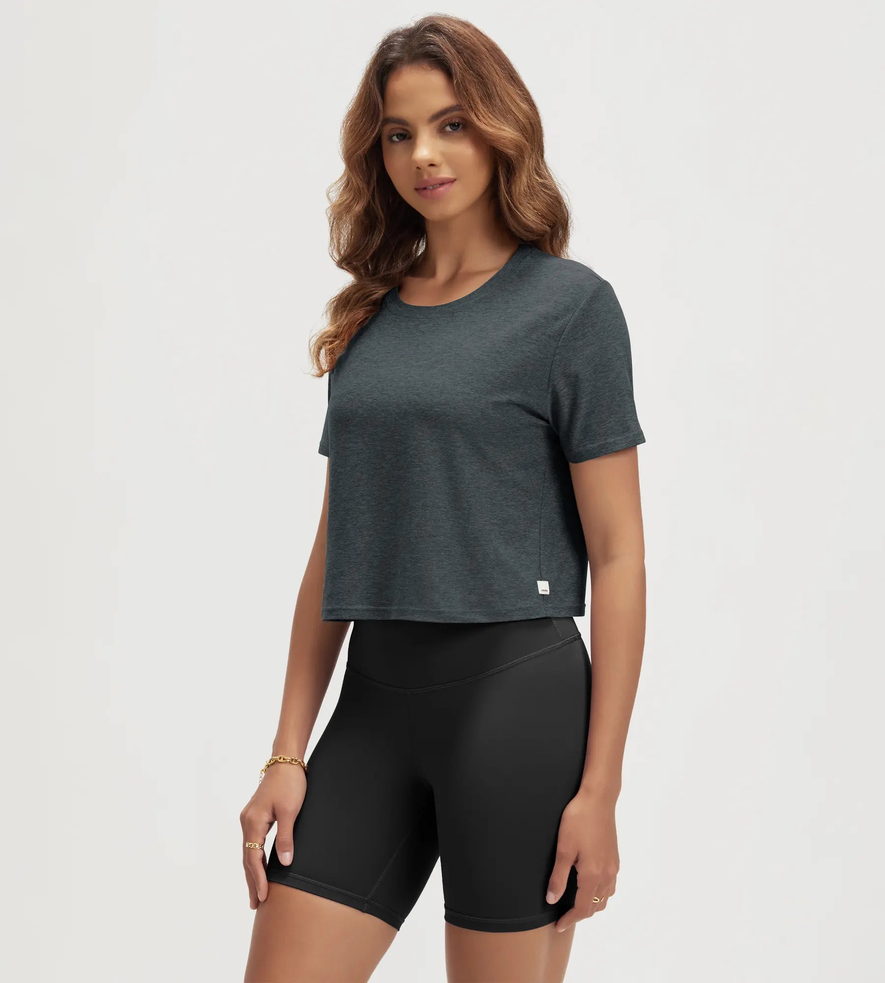 ODODOS Stratum Women's Performance Cropped Tee in breathable soft fabric for workout wear.
