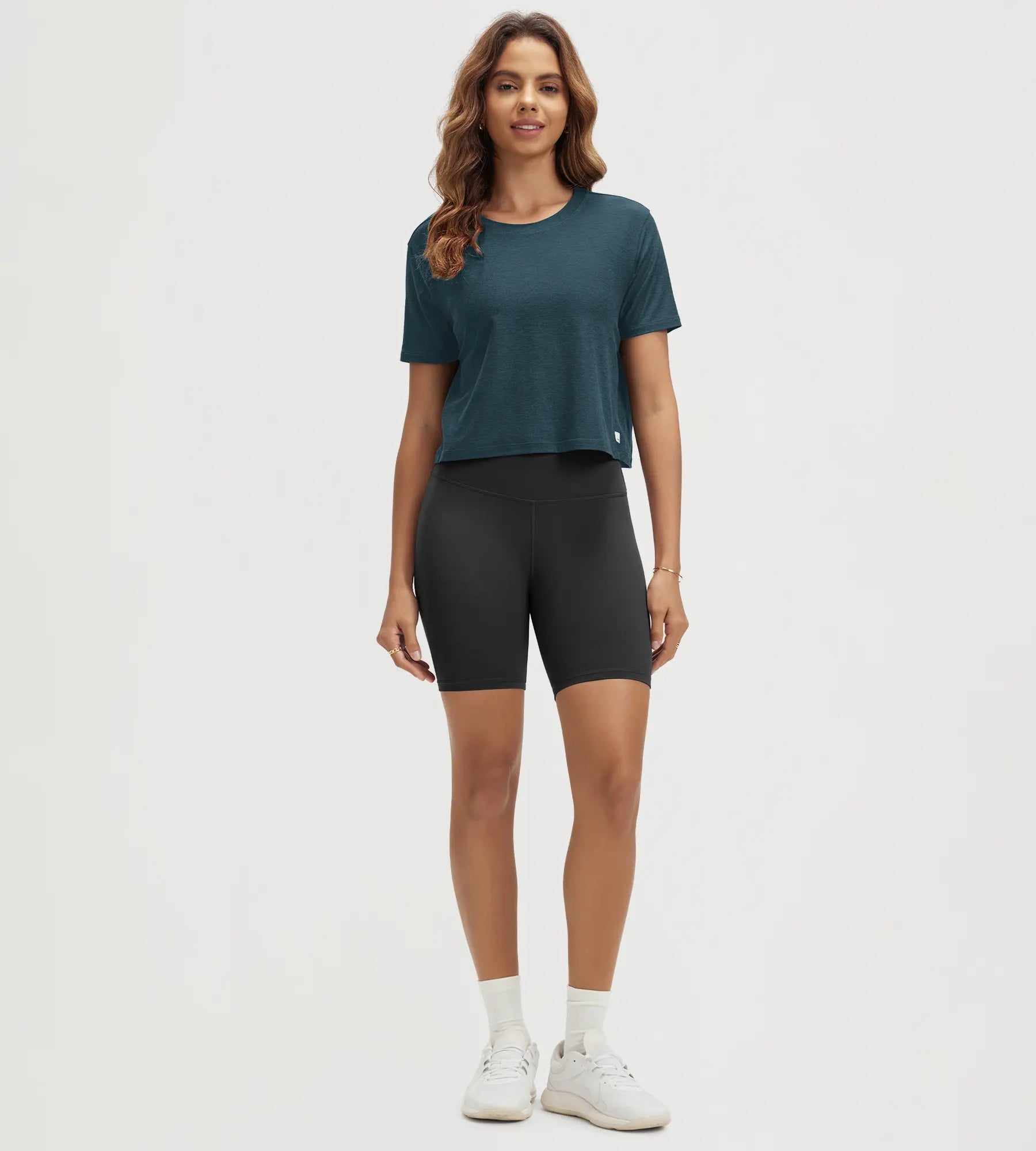 ODODOS Stratum Women's Performance Cropped Tee, breathable workout wear for summer essentials.