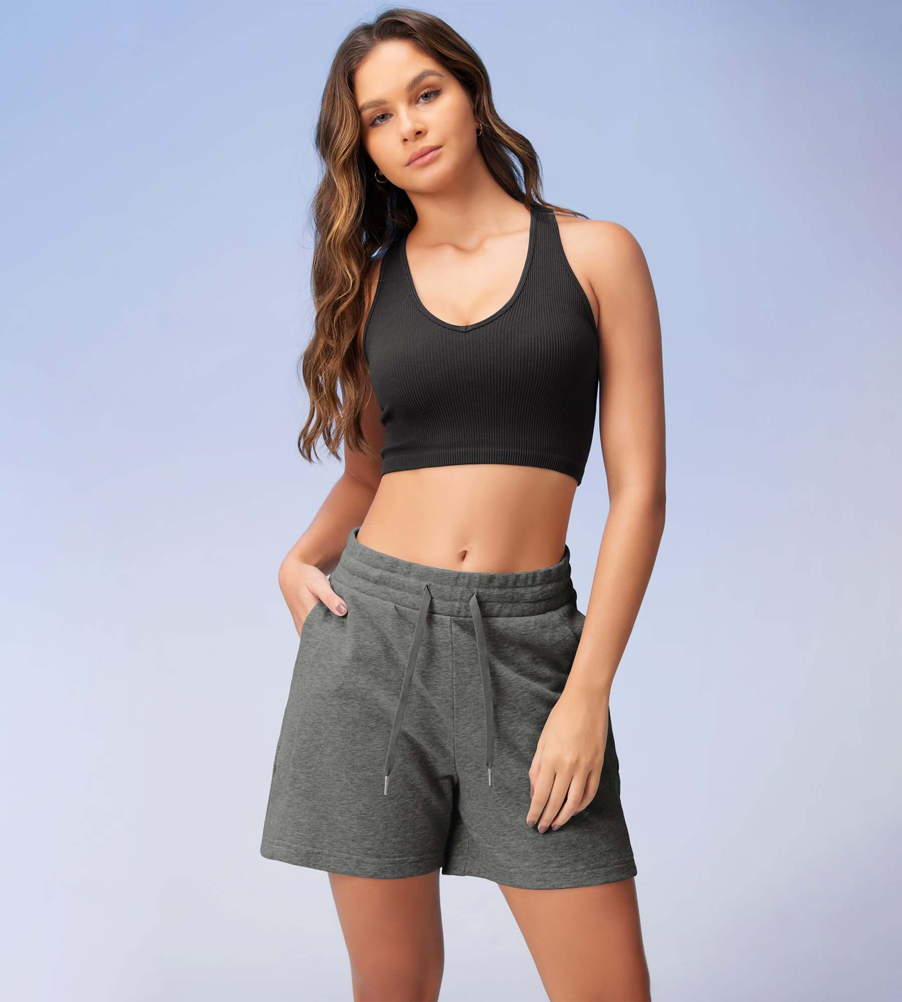 5 Cotton French Terry High Waist Lounge Shorts Charcoal Heather - ododos