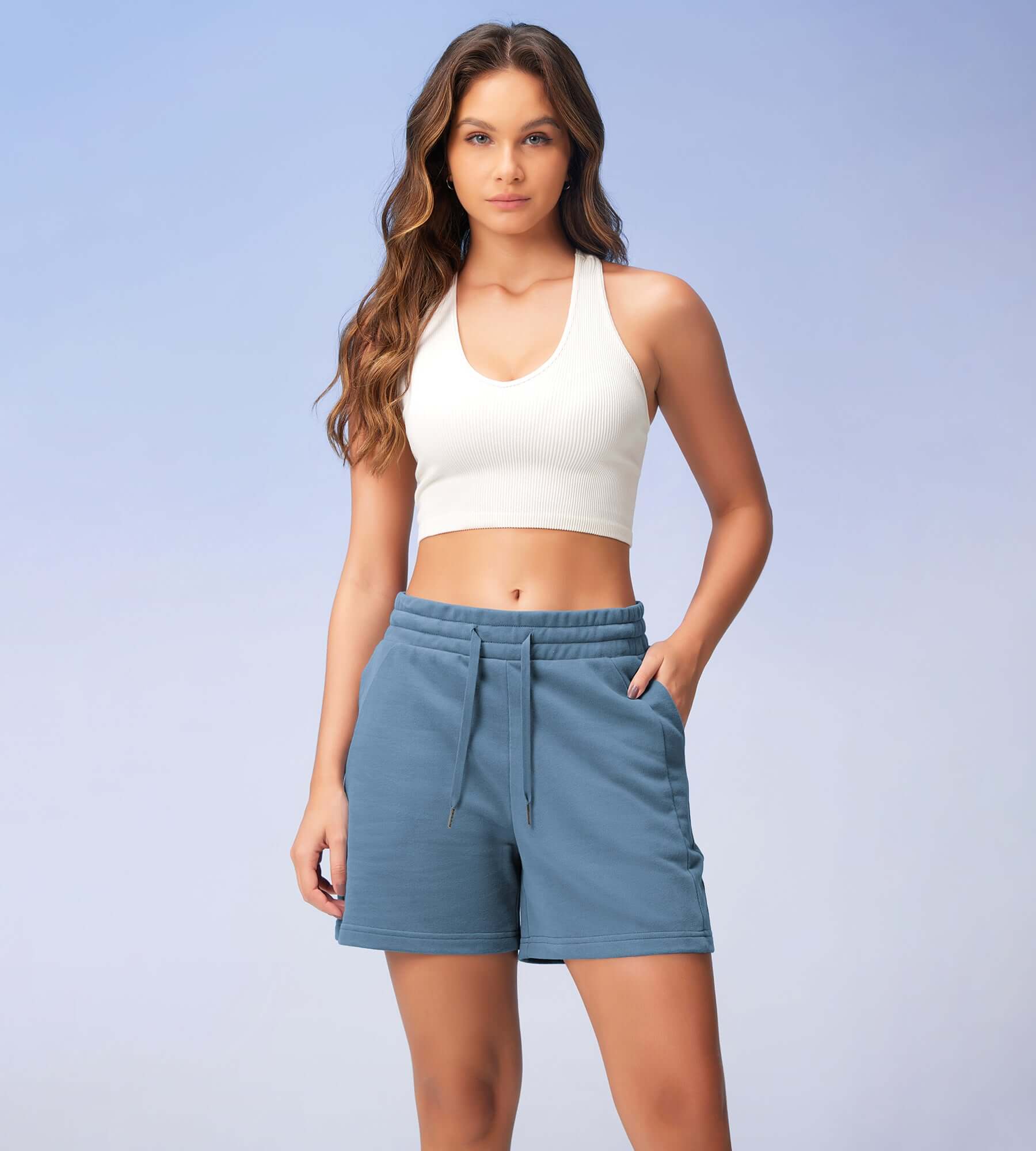 5 Cotton French Terry High Waist Lounge Shorts Steel Blue - ododos
