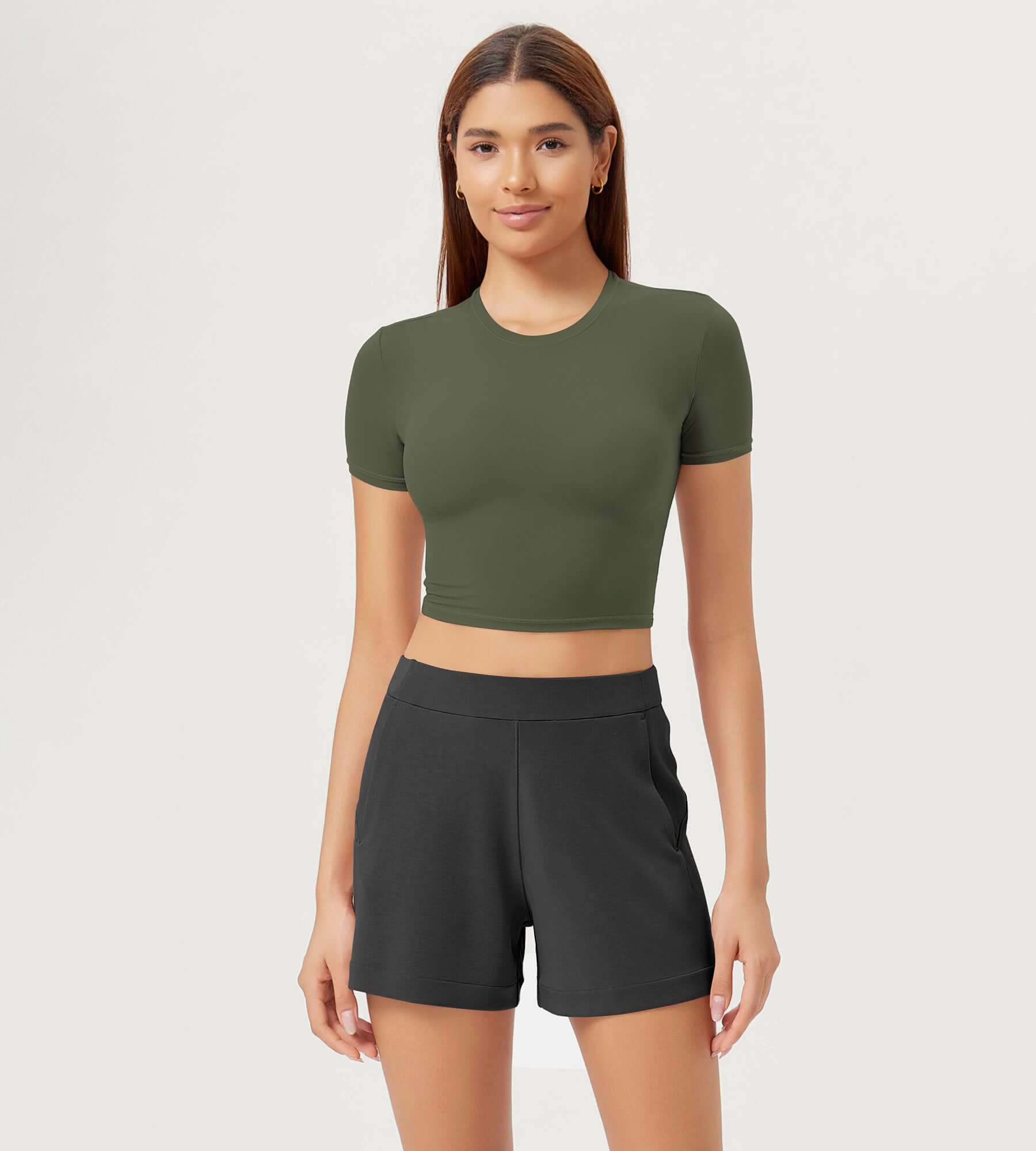 Lightweight Soft Short Sleeve Crew Neck Slim Fit T-Shirts Crop Length Olive Green - ododos