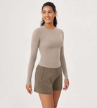 Lightweight Slim Fit Waist-Length Long Sleeve Tee Light Mocha - ododos