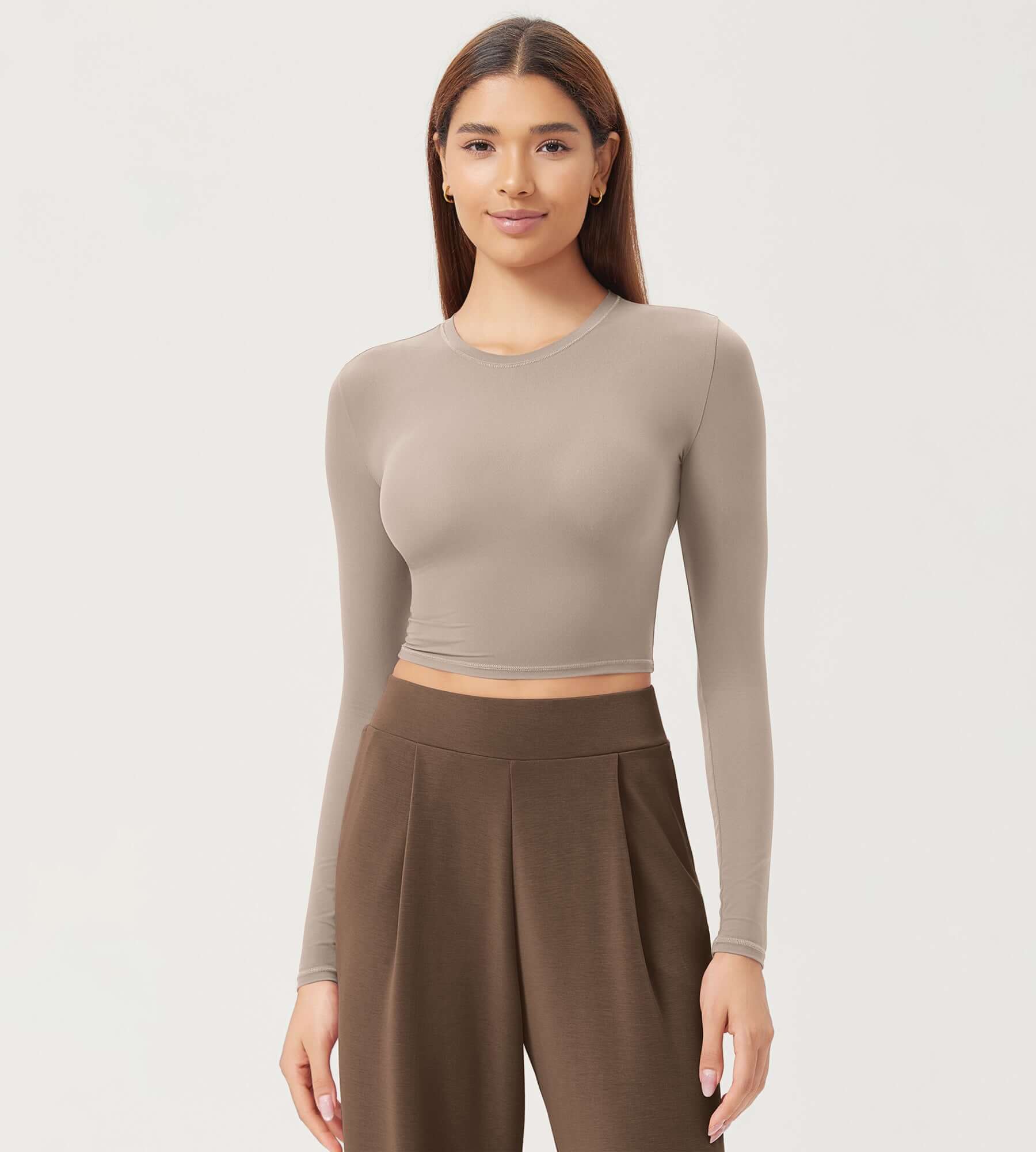 Lightweight Slim Fit Crop-Length Long Sleeve Tee Light Mocha - ododos