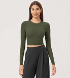 Lightweight Slim Fit Crop-Length Long Sleeve Tee Olive Green - ododos