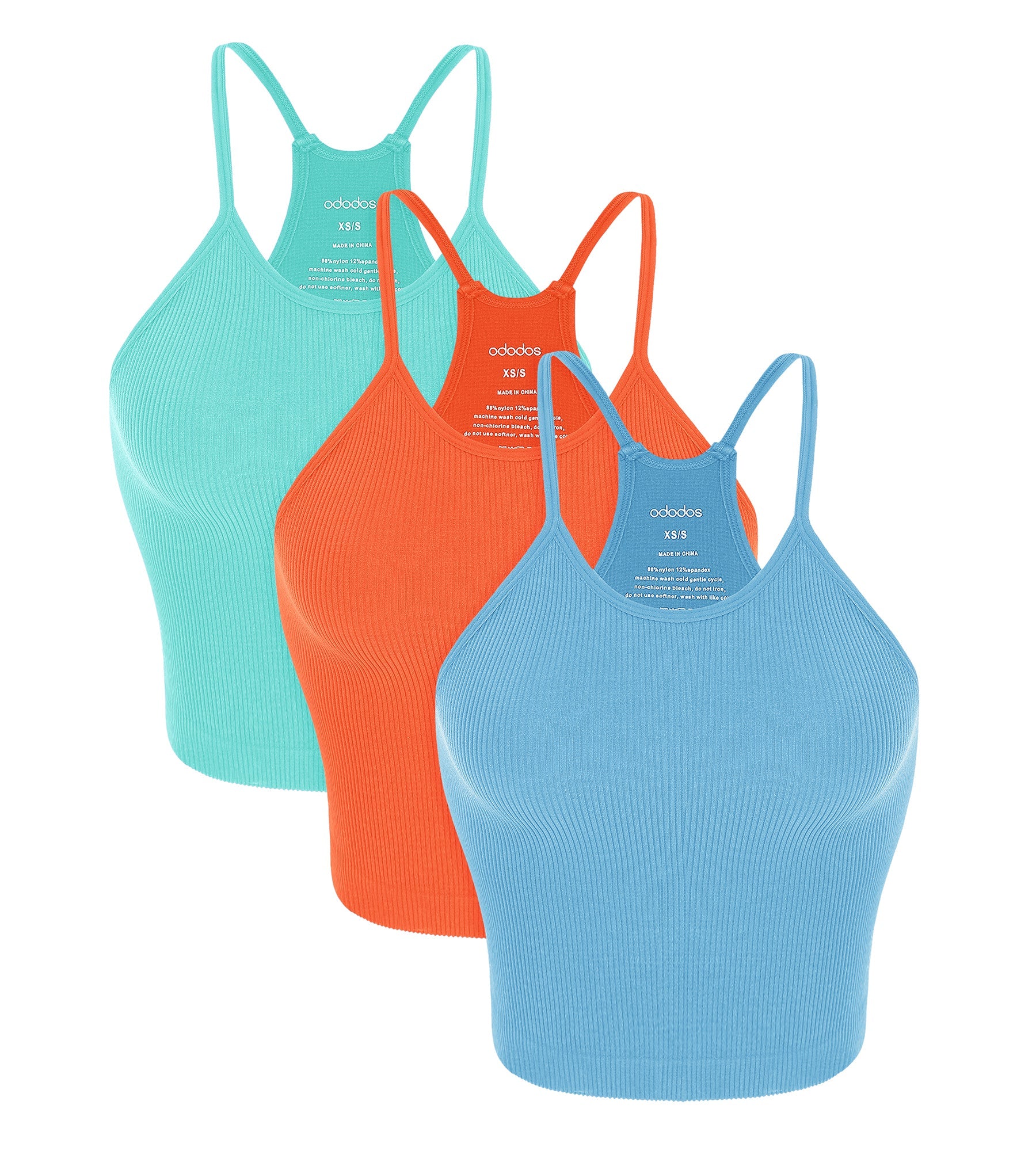 3-Pack Seamless Rib-Knit Camisole Aqua+Orange+Cyan Blue - ododos