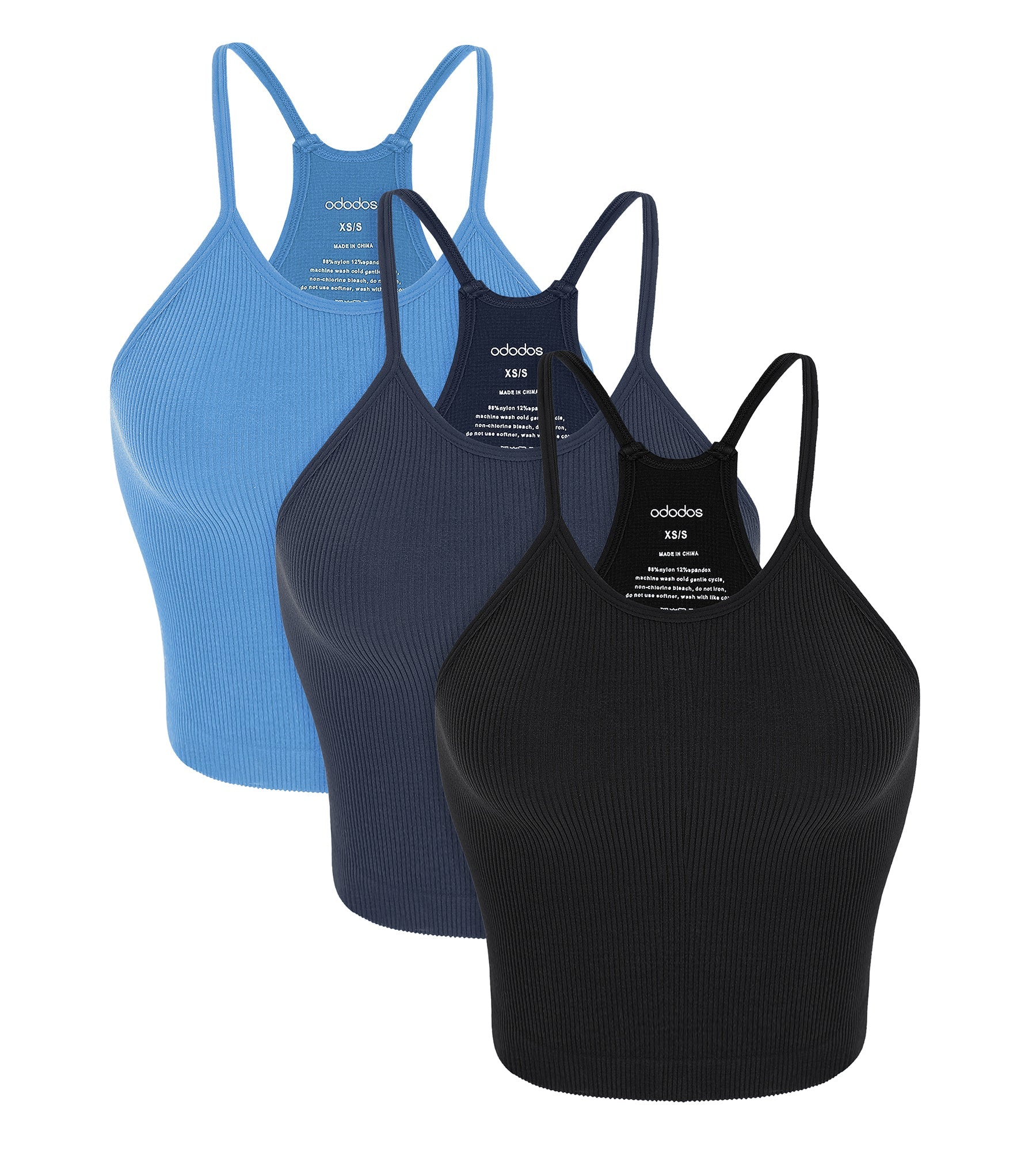 3-Pack Seamless Rib-Knit Camisole Black+Navy+Blue - ododos