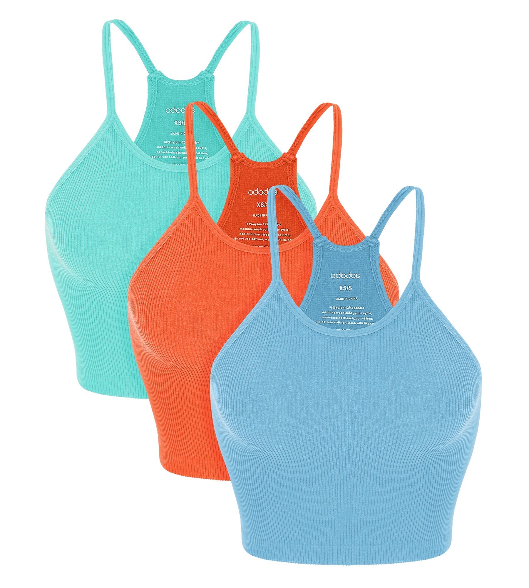 3-Pack Seamless Ribbed Crop Camisole Aqua+Orange+Cyan Blue - ododos