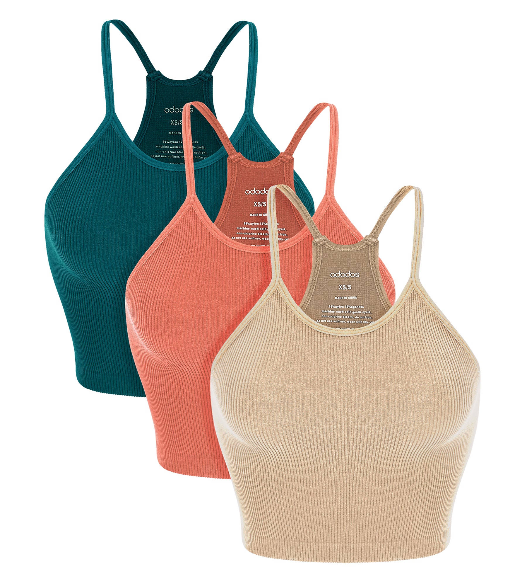 3-Pack Seamless Ribbed Crop Camisole Beige+Coral+Teal - ododos