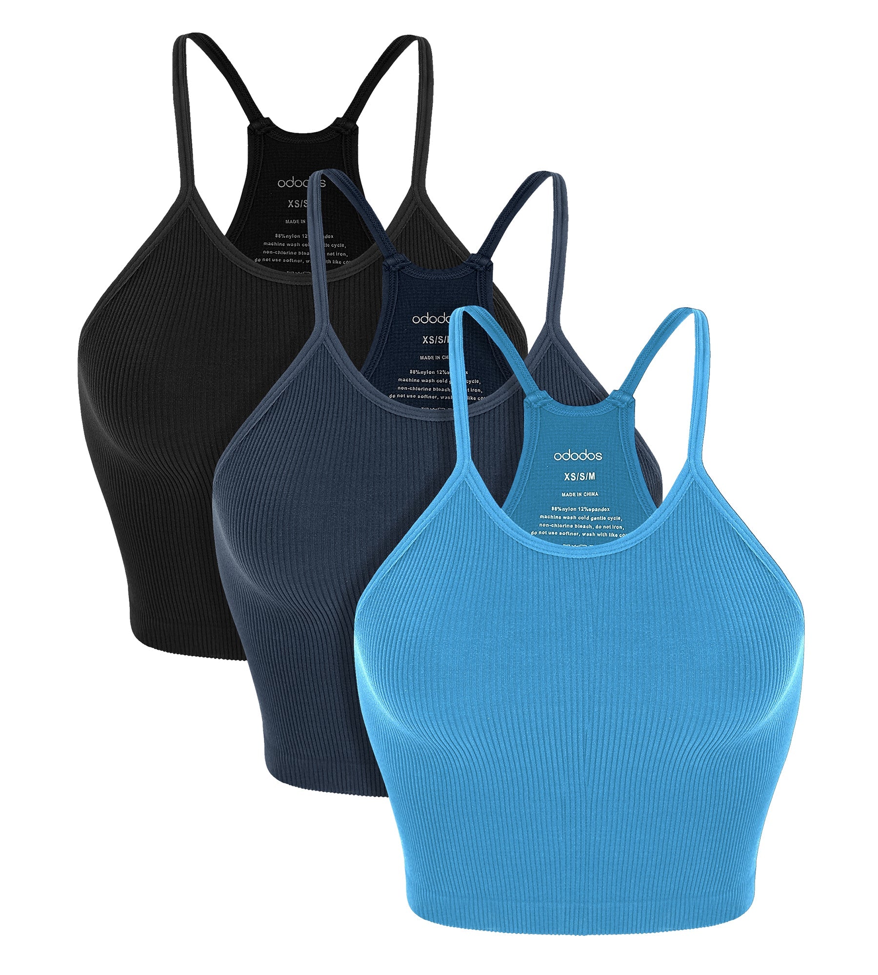 3-Pack Seamless Ribbed Crop Camisole Black+Navy+Blue - ododos