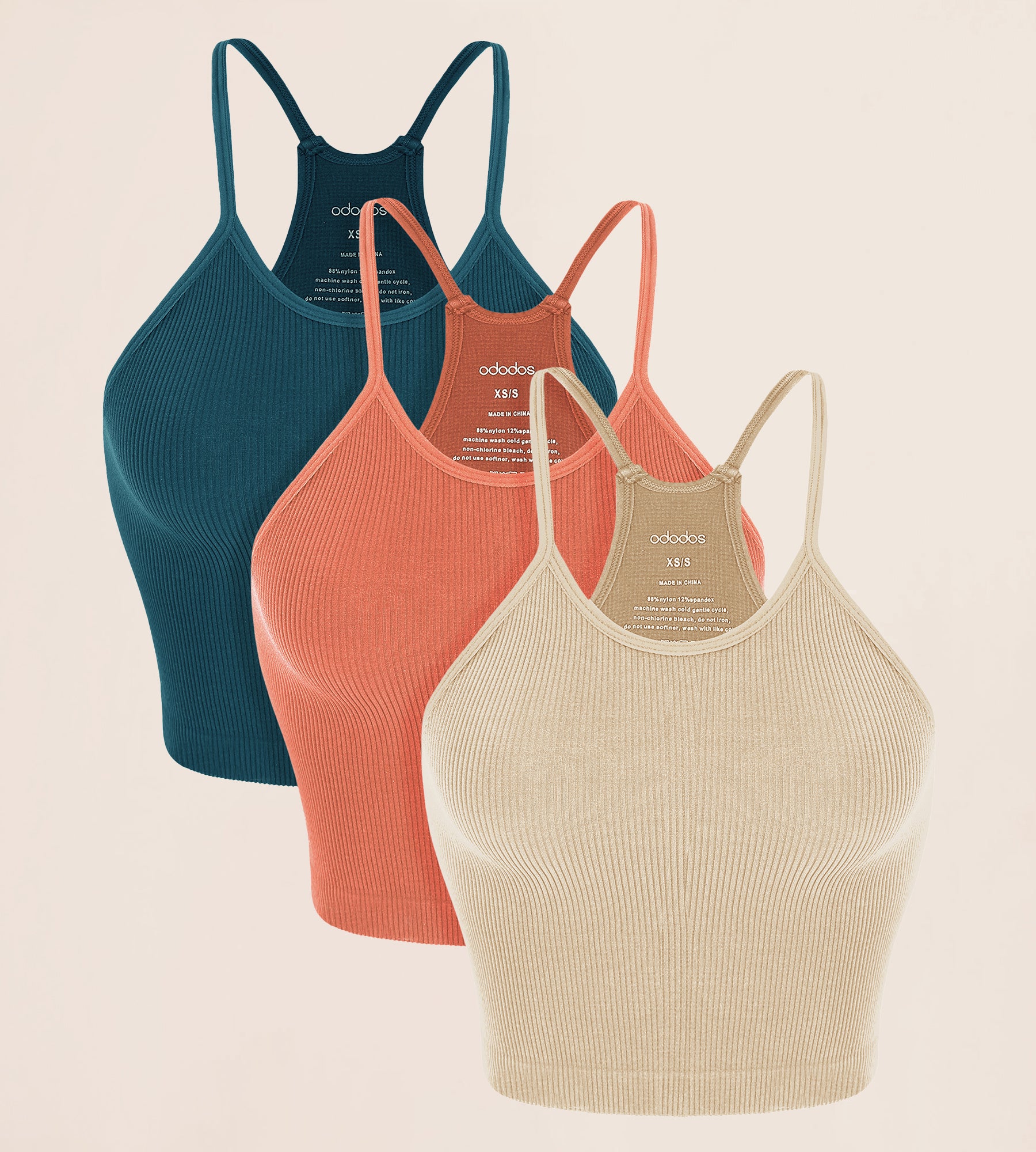 3-Pack Long Seamless Camisole Beige+Coral+Teal - ododos