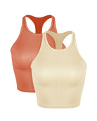 2 Pack Seamless Racerback Crop Tops Coral+Oatmeal - ododos