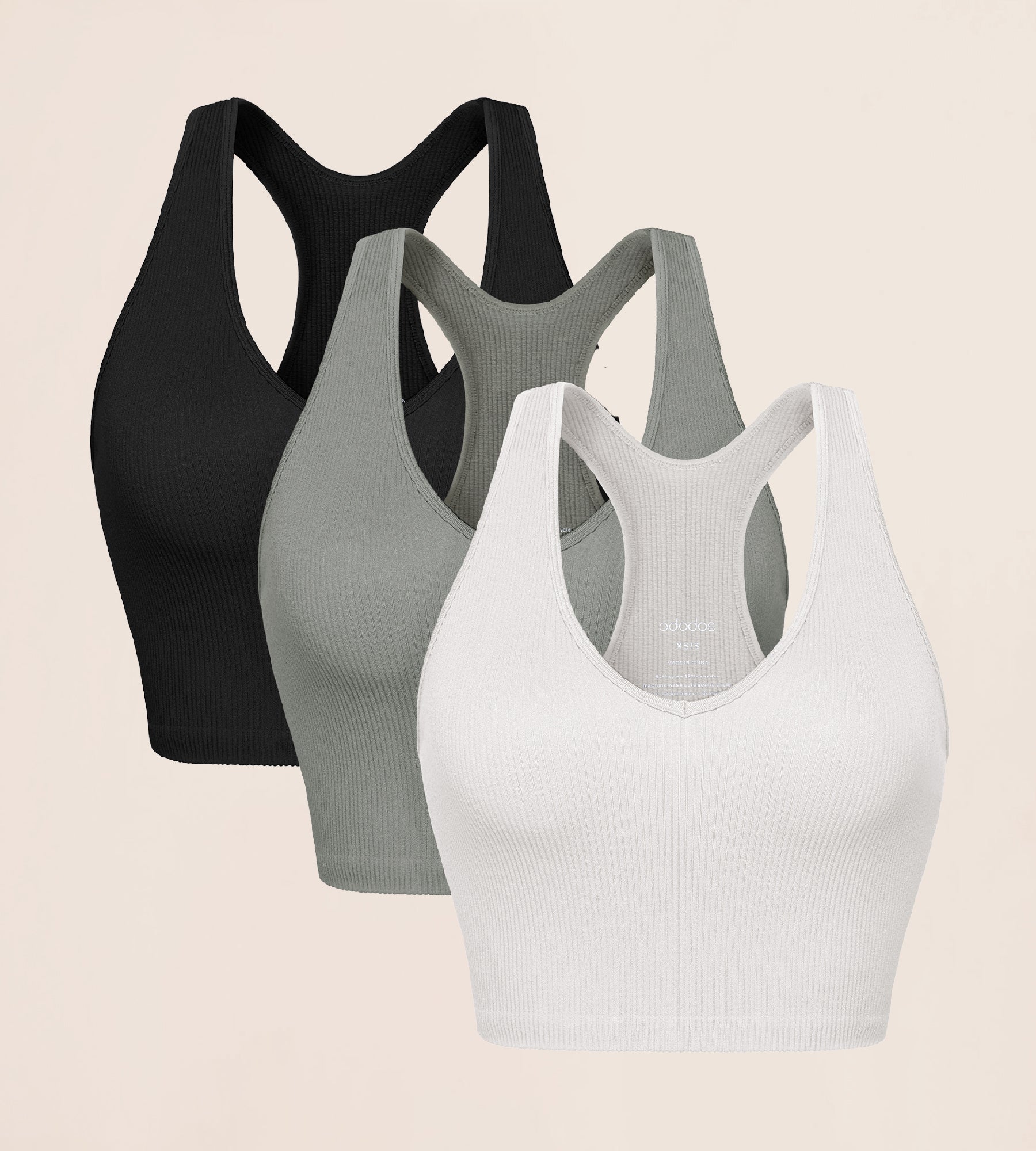 3-Pack Seamless Racerback Crop Tank Tops White+Gray+Black - ododos