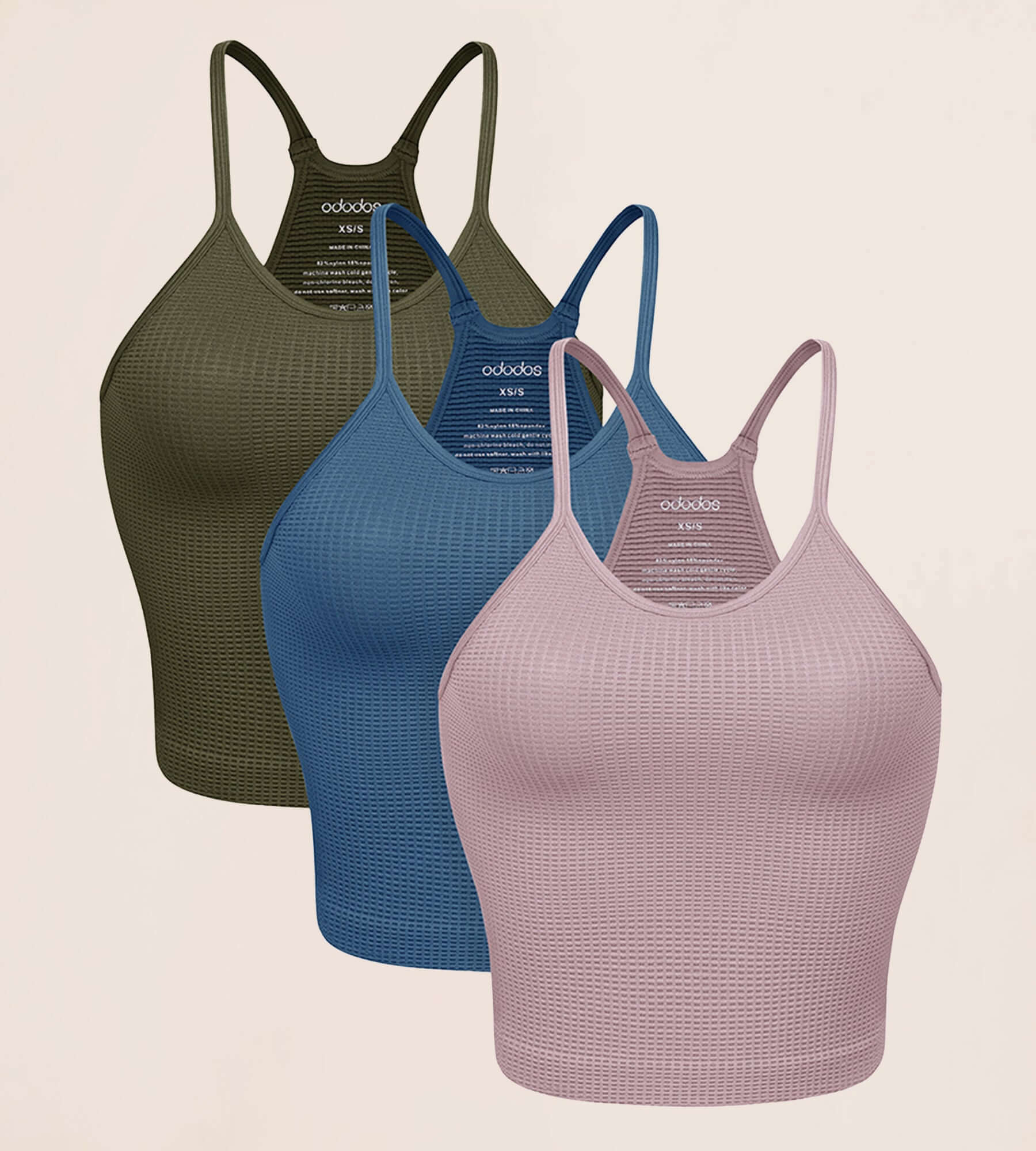 3-Pack Waist Length Waffle Knit Seamless Camisole Cropped Tank Tops Army Green+ocean+woodrose - ododos