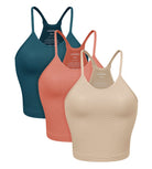 3-Pack Waist Length Waffle Knit Seamless Camisole Cropped Tank Tops Beige+Coral+Teal - ododos