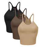 3-Pack Waist Length Waffle Knit Seamless Camisole Cropped Tank Tops Mushroom+Taupe+Charcoal - ododos