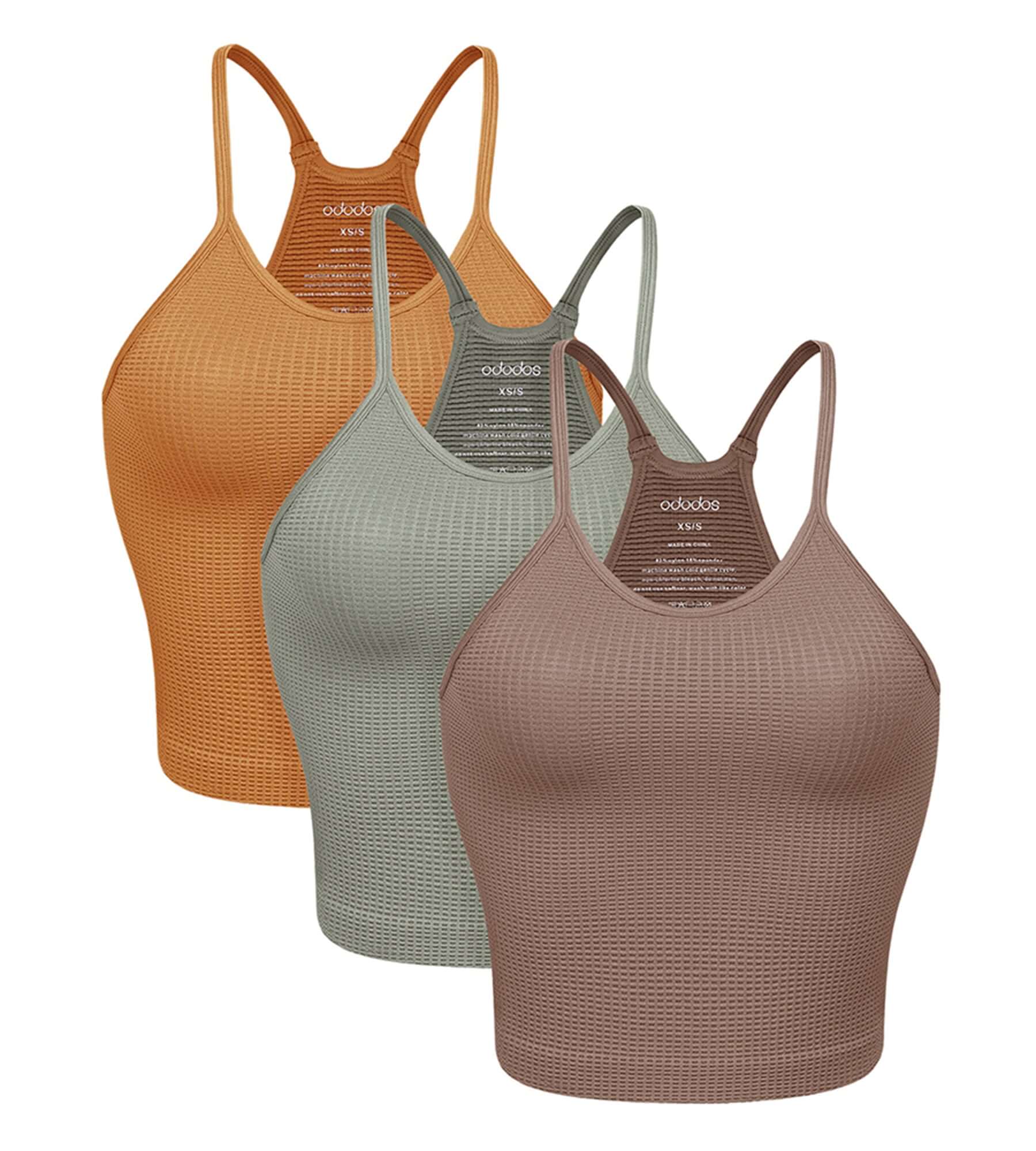 3-Pack Waist Length Waffle Knit Seamless Camisole Cropped Tank Tops Clove+green Milieu+ginger - ododos