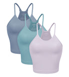 3-Pack Waist Length Waffle Knit Seamless Camisole Cropped Tank Tops Lilac+milky Blue+river - ododos