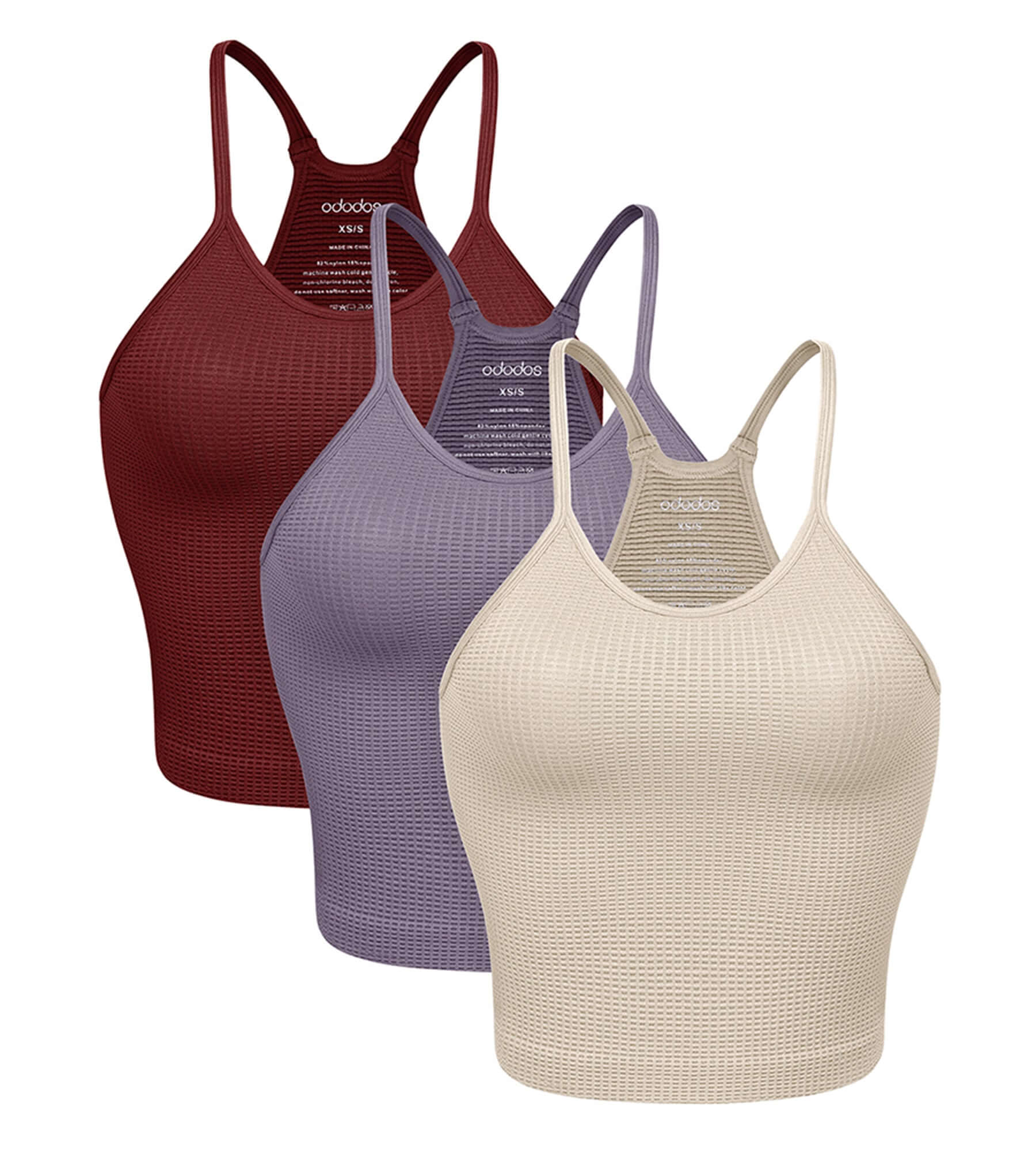 3-Pack Waist Length Waffle Knit Seamless Camisole Cropped Tank Tops Mushroom+claret+violet - ododos