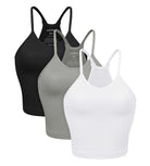 3-Pack Waist Length Waffle Knit Seamless Camisole Cropped Tank Tops White+Gray+Black - ododos