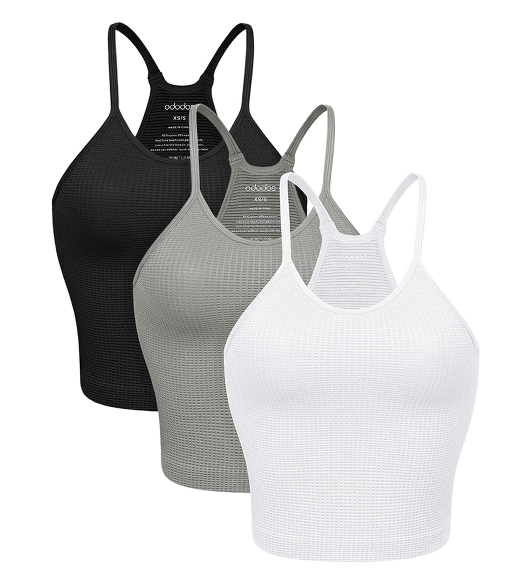 3-Pack Waist Length Waffle Knit Seamless Camisole Cropped Tank Tops White+Gray+Black - ododos