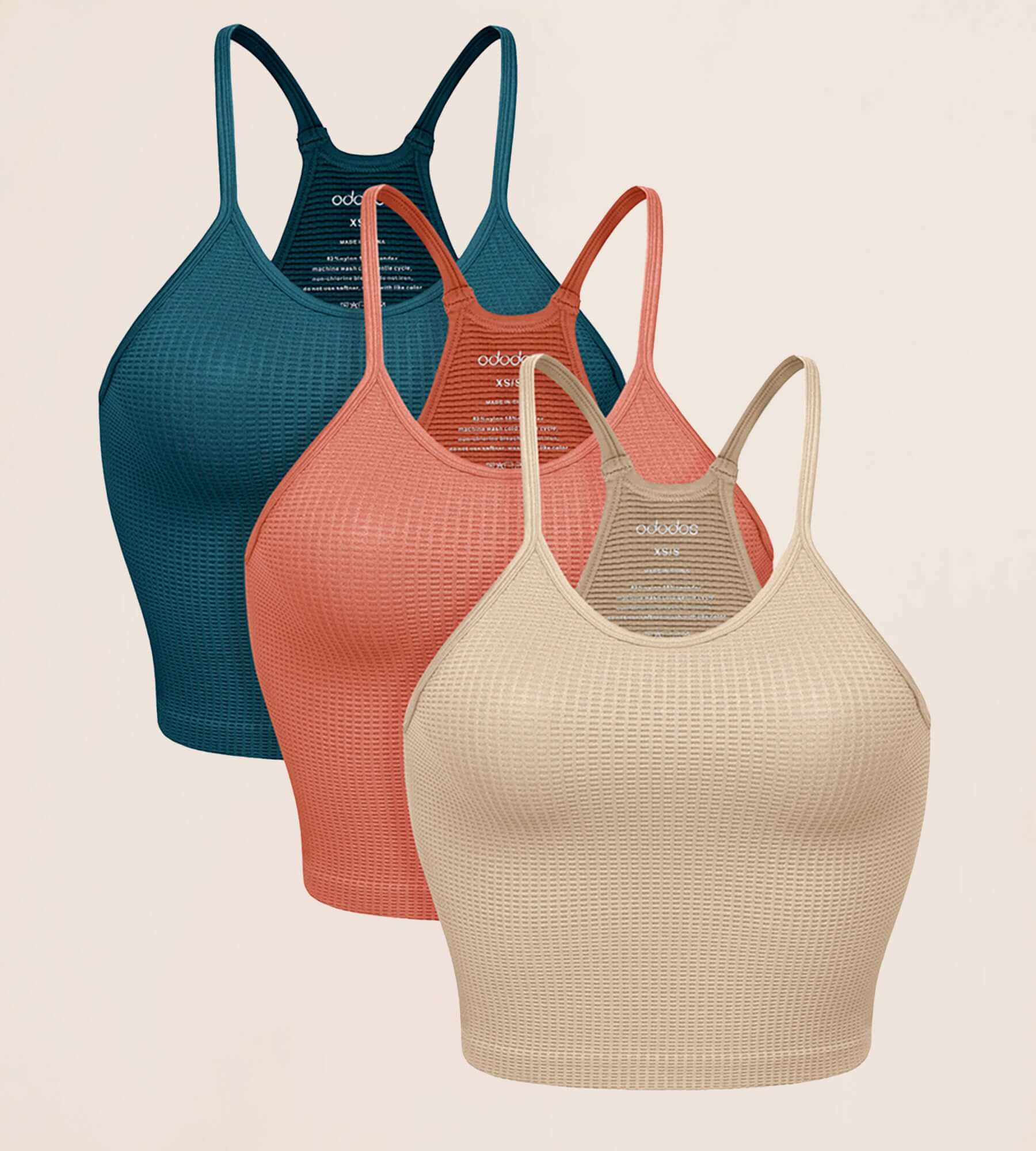 3-Pack Crop Length Waffle Knit Seamless Camisole Cropped Tank Tops Beige+Coral+Teal - ododos