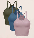 3-Pack Long Crop Length Waffle Knit Seamless Camisole Cropped Tank Tops Army Green+ocean+woodrose - ododos