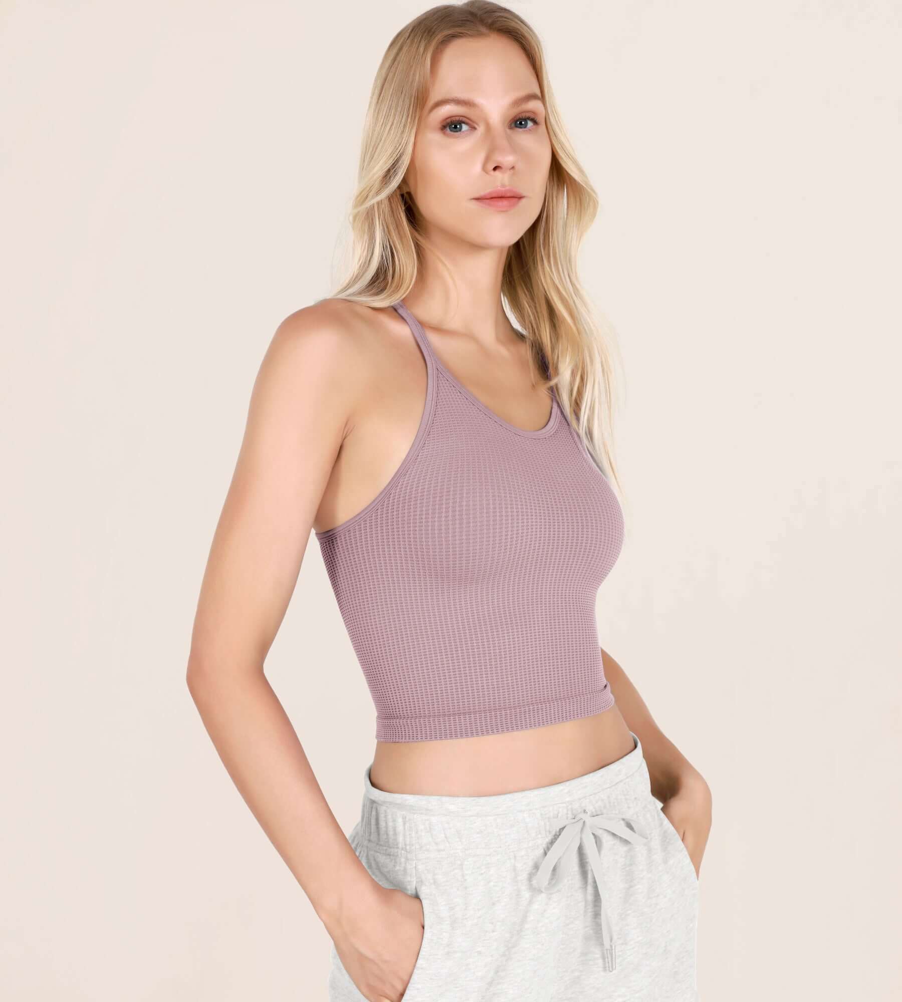 3-Pack Long Crop Length Waffle Knit Seamless Camisole Cropped Tank Tops - ododos