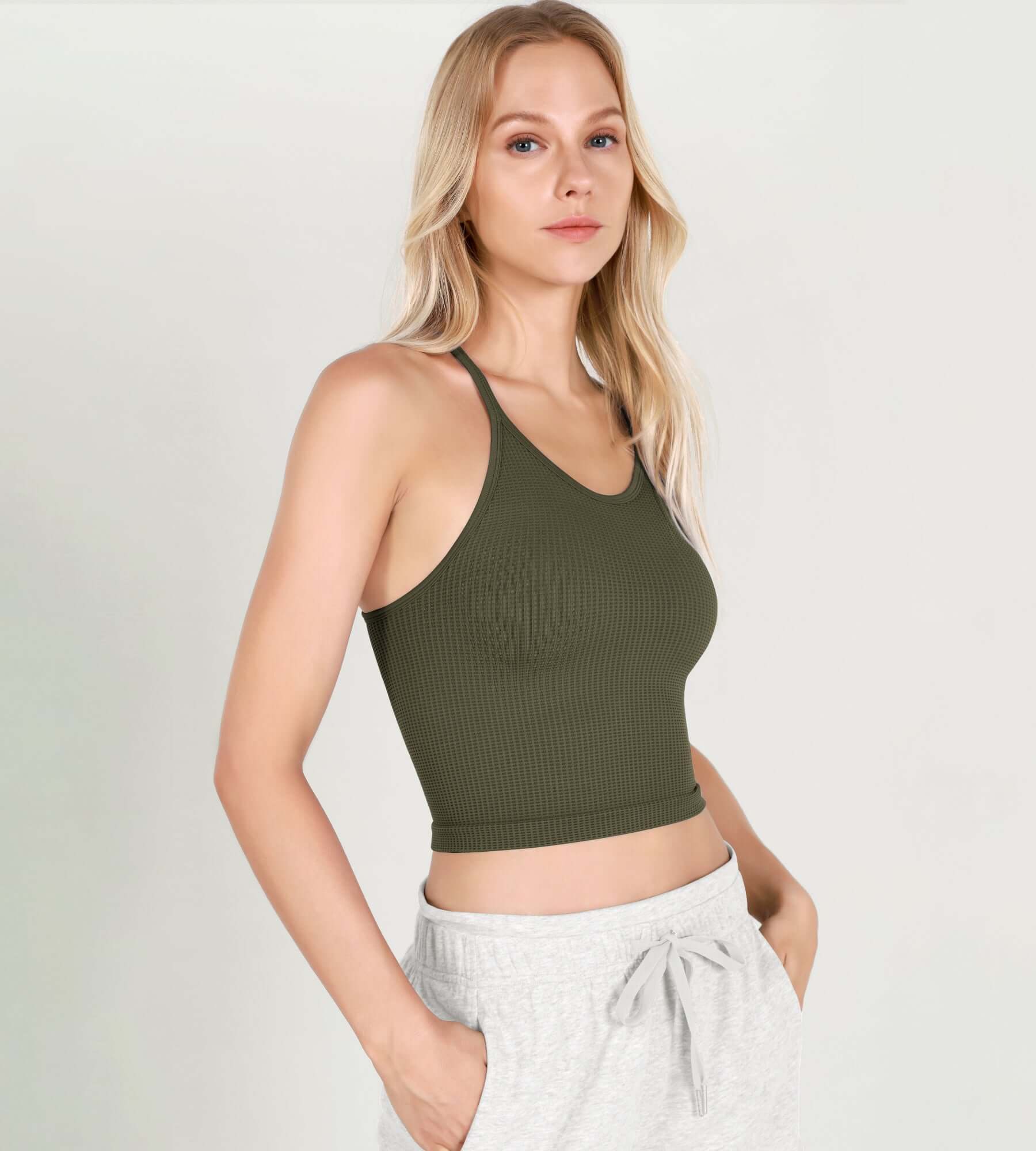 3-Pack Long Crop Length Waffle Knit Seamless Camisole Cropped Tank Tops - ododos