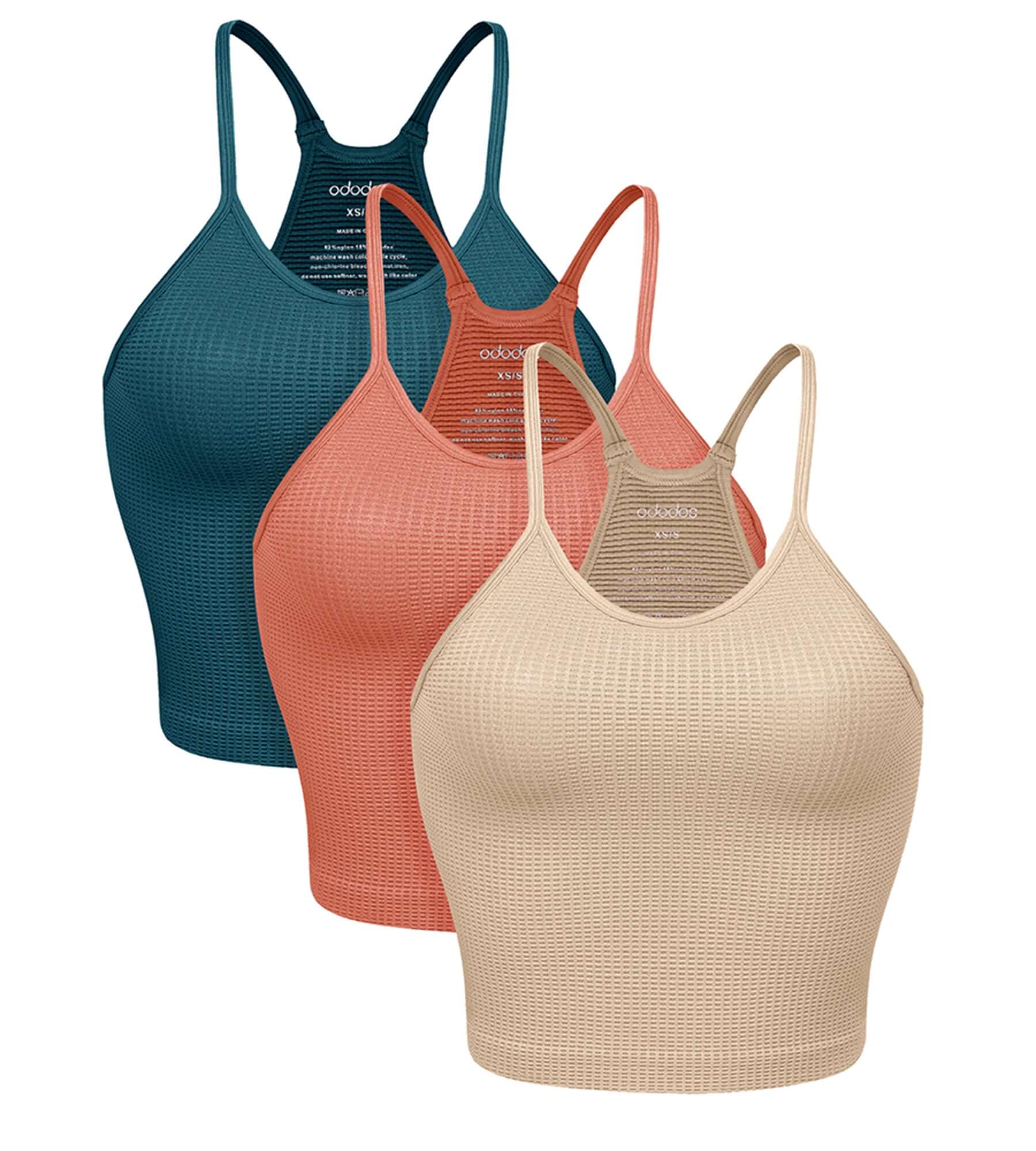 3-Pack Long Crop Length Waffle Knit Seamless Camisole Cropped Tank Tops Beige+Coral+Teal - ododos