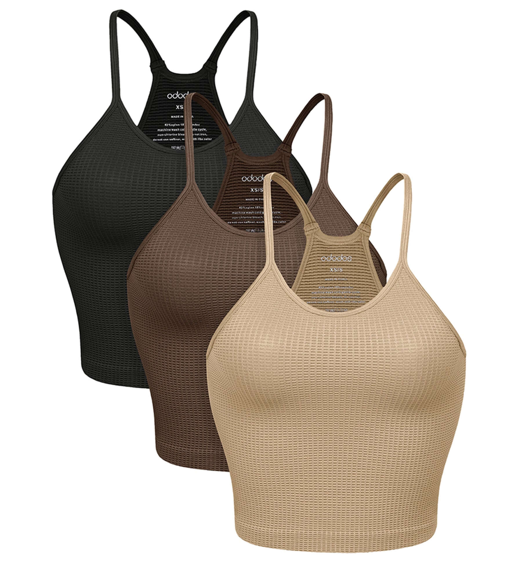 3-Pack Long Crop Length Waffle Knit Seamless Camisole Cropped Tank Tops - ododos