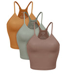 3-Pack Long Crop Length Waffle Knit Seamless Camisole Cropped Tank Tops Clove+green Milieu+ginger - ododos