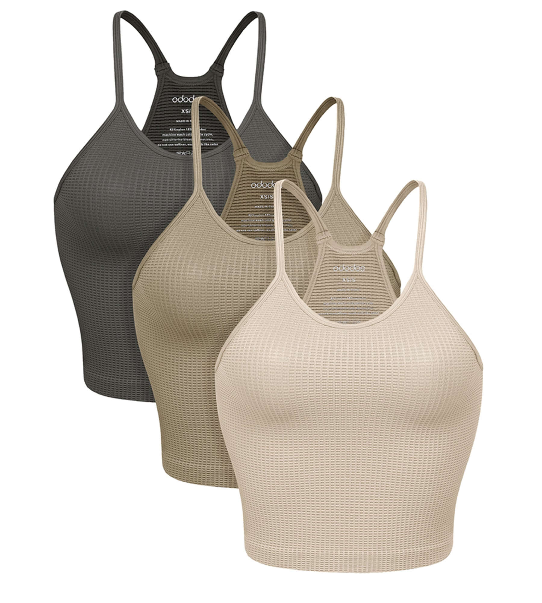 3-Pack Long Crop Length Waffle Knit Seamless Camisole Cropped Tank Tops Mushroom+Taupe+Charcoal - ododos