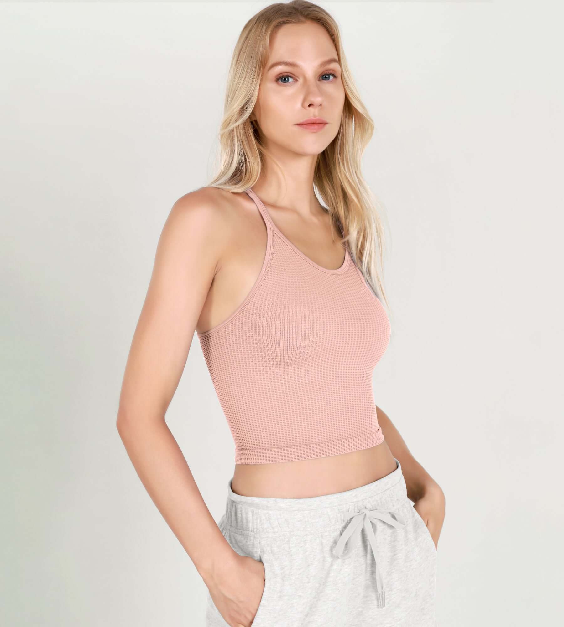 3-Pack Long Crop Length Waffle Knit Seamless Camisole Cropped Tank Tops - ododos