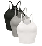 3-Pack Long Crop Length Waffle Knit Seamless Camisole Cropped Tank Tops White+Gray+Black - ododos