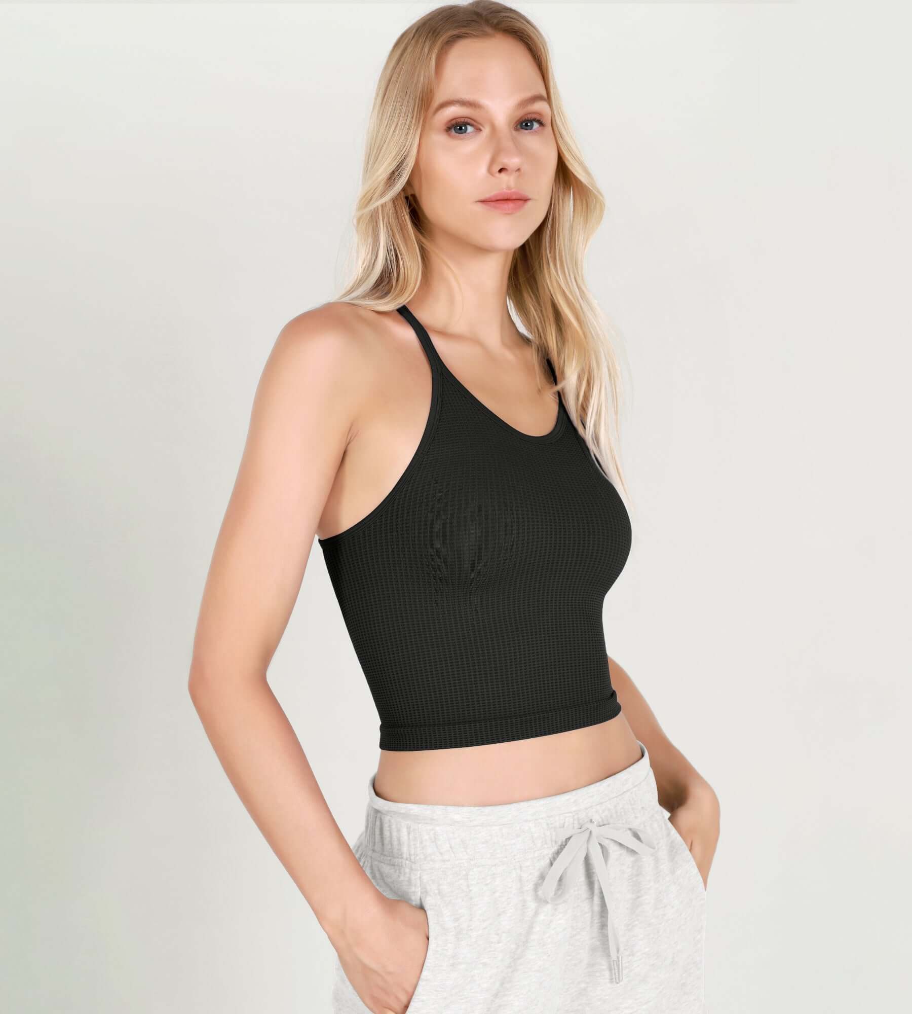 3-Pack Long Crop Length Waffle Knit Seamless Camisole Cropped Tank Tops - ododos