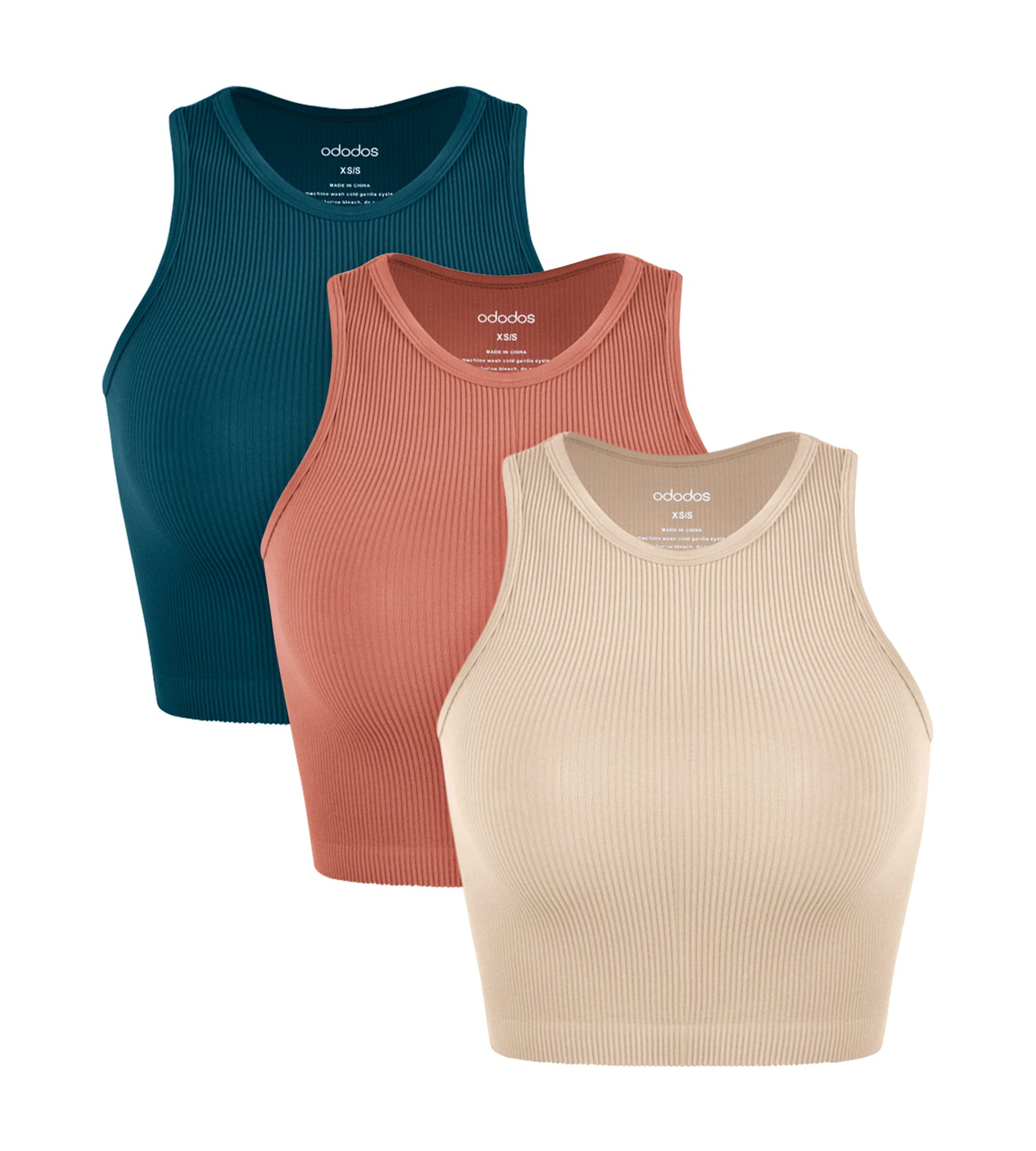 3-Pack Seamless Ribbed High Neck Cropped Tank Tops Beige+Coral+Teal - ododos