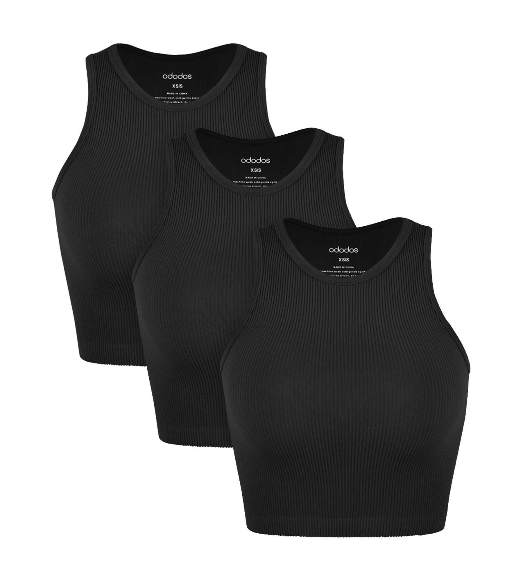 3-Pack Seamless Ribbed High Neck Cropped Tank Tops Black+Black+Black - ododos