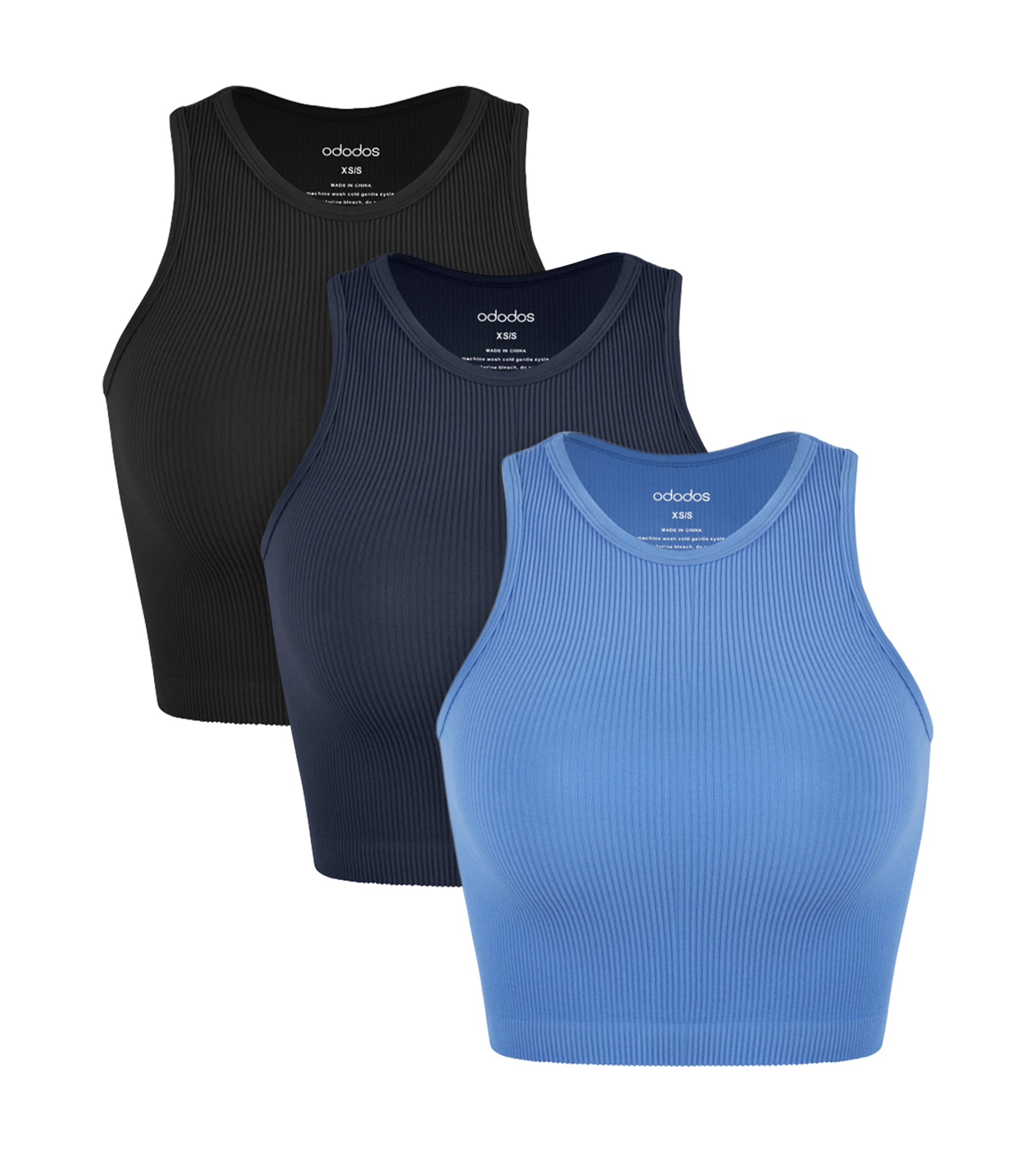 3-Pack Seamless Ribbed High Neck Cropped Tank Tops Black+Navy+Blue - ododos