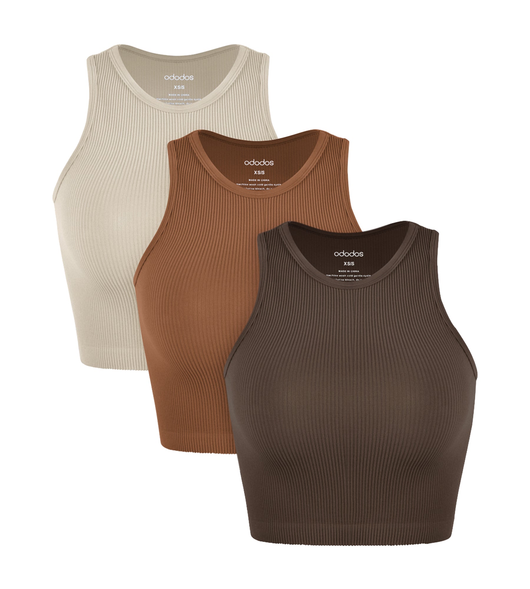 3-Pack Seamless Ribbed High Neck Cropped Tank Tops Brunette+Clay+Mushroom - ododos