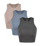 3-Pack Seamless Ribbed High Neck Cropped Tank Tops Charcoal+Dusty Blue+Bark - ododos