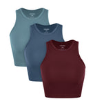 3-Pack Seamless Ribbed High Neck Cropped Tank Tops Claret+Ocean+Sky Blue - ododos